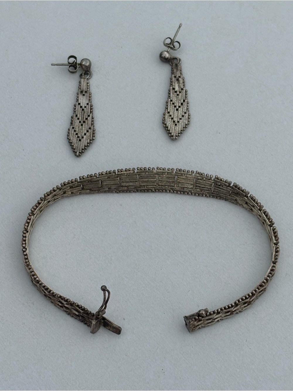 Vintage 925 Sterling Silver Woven Bracelet & Matching Drop Earrings Set
